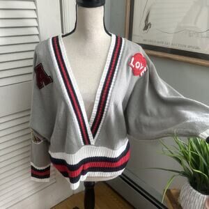 MADRAG Sweater Womens 1X Gray Varsity Plunging V-Neck Retro Y2K Sporty Grunge